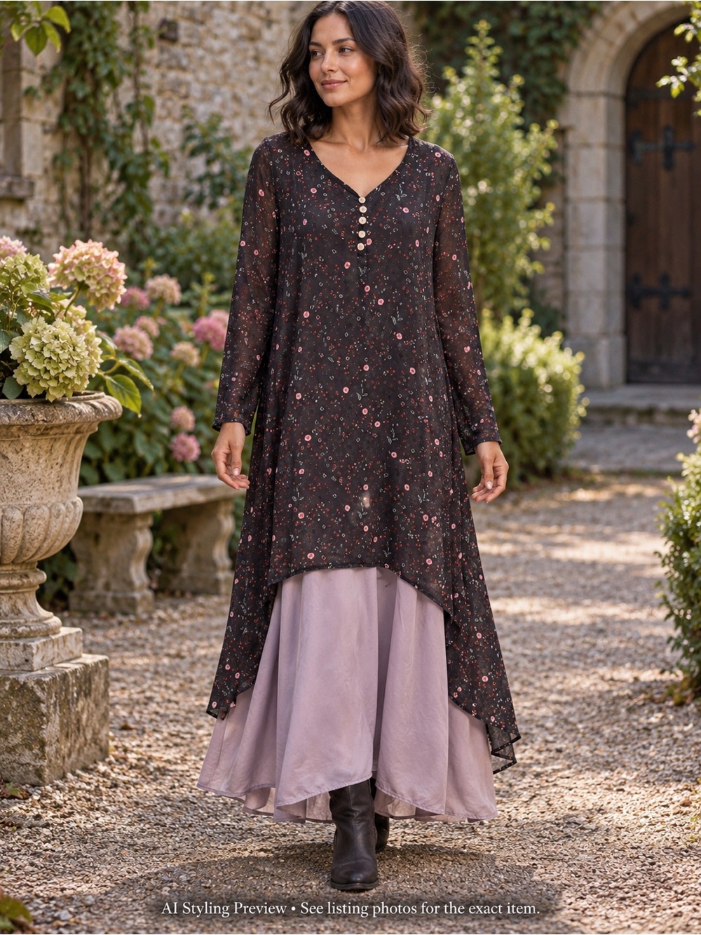 MISSLOOK L Floral Layered Maxi Dress Lavender Boho Cottagecore